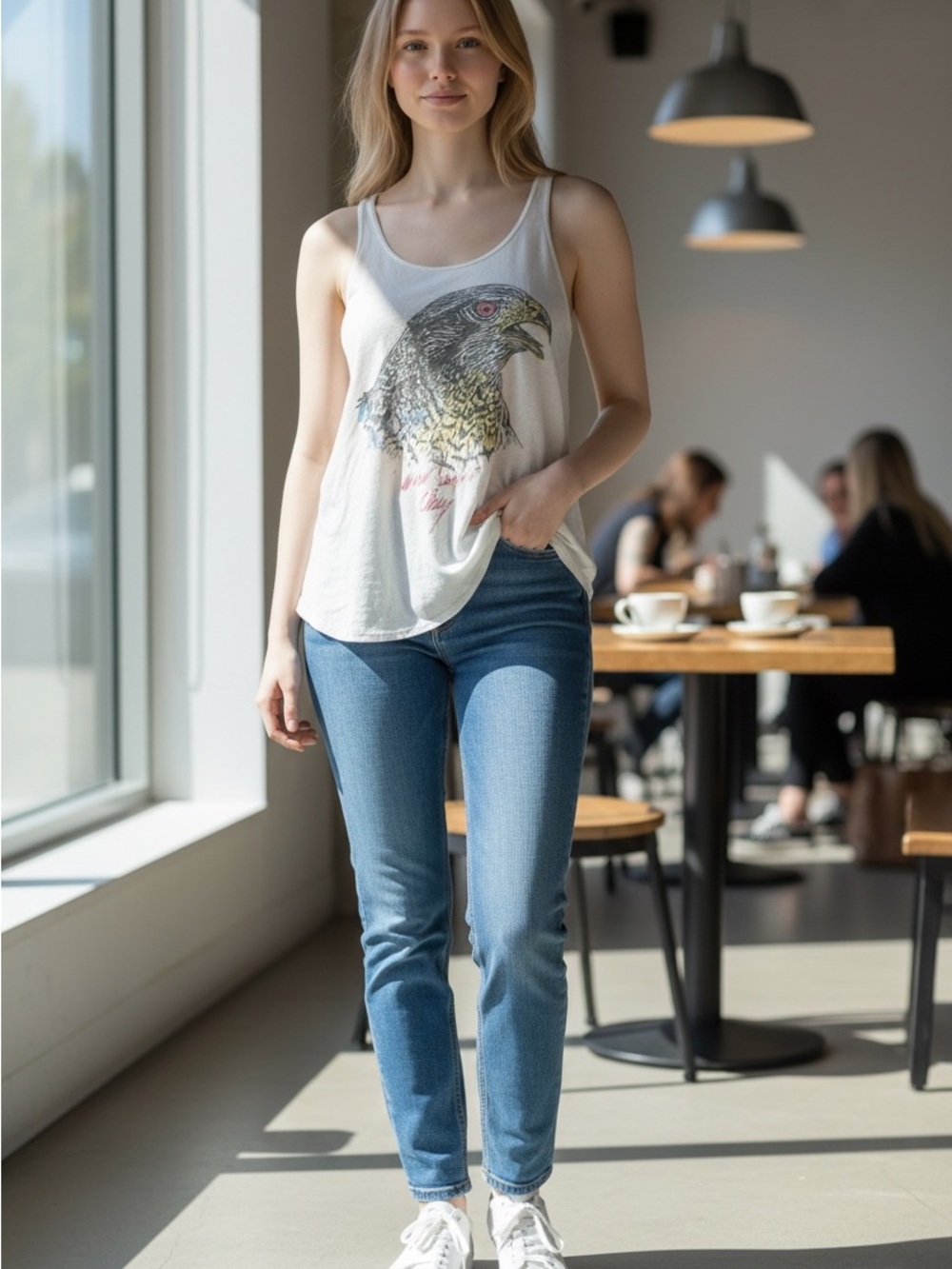 Obey Cream Racerback Tank with Eagle Head Print